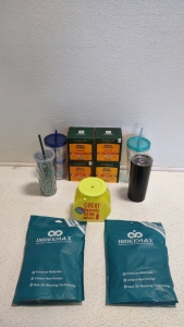 (4) Chai Tea boxes, (5) Assorted travel cups (2) Indeemax