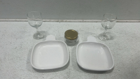 (1) Assorted serving dishes, glasses and jars