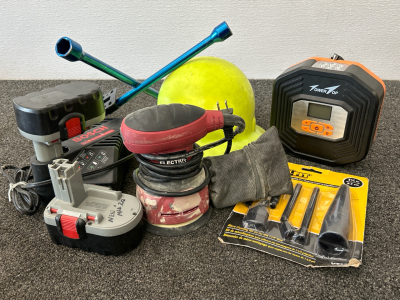 Bosch Charger and Batteries, Chicago Electric Palm Sander, Hard Hat, Compressor and More