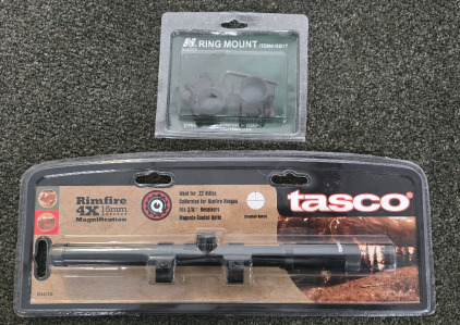 Tasco Rimfire 4x15mm Scope, NcStar Ring Mounts- New In Package