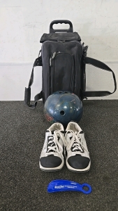 (1) 2-Ball Bowling Bag with Shoe Compartment (1) Pair of Size 7 1/2 Bowling Shoes (1) Pre-Drilled Bowling Ball