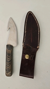 (1) Pocket Knife with Leather Sheath and Wooden Handle