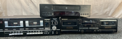 PIONEER CT-W205R DOUBLE CASSETTE DECK (TESTED DOES TURN ON). SANYO DUAL CASSETTE DECK (TETSTED DOES TURN ON), GE FOUR HEAD VCR (TESTED DOES TURN ON).