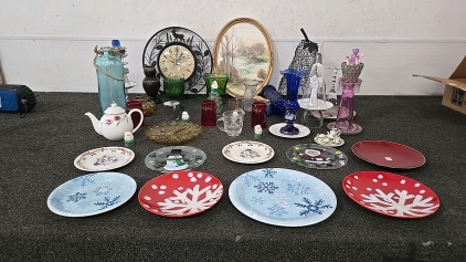 (1) Set of 34 Different Glass Pieces (2) Wall Hangings (1) Wire Pear (5) Candles