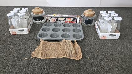 (1) 12-Slot Cupcake Pan (2) Storage Jars (2) Sets of 6 Drinking Bottles with Straw Holes (1) Sushi Roller