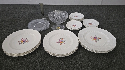 (13) Large Spode's Jewel Plates (16) Small Spode's Jewel Plates (3) Clear Floral Plates (1) Crystal Bowl (1) Small Glass