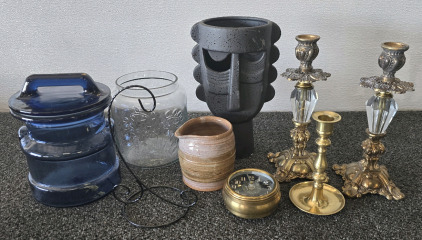 Home Decor- Bronze Candlestick Holders, Glass Jars