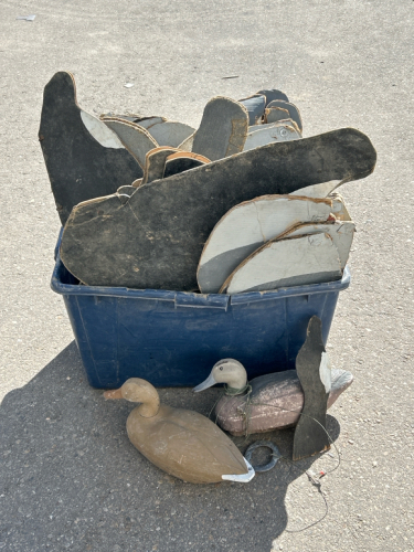 Tote with Carboard Geese and Duck Decoys