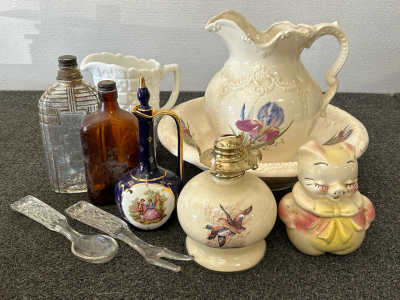 Ceramic Pitcher and Basin, Vintage Glass Bottles, Milk Glass Pitcher and More