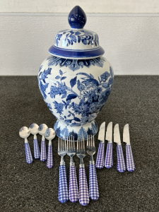 Silverware And Blue and White Vase