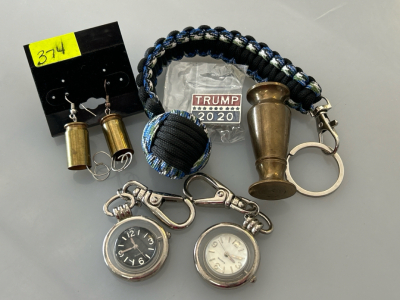(2) Pocket Watches, Brass Earrings, Monkey Fist Paracord Keychain and More