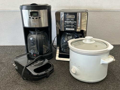 (2) Coffee Makers, Sandwich Maker and Slow Cooker