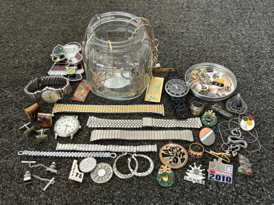 Jar with Costume Jewelry, Pins, And Collectibles