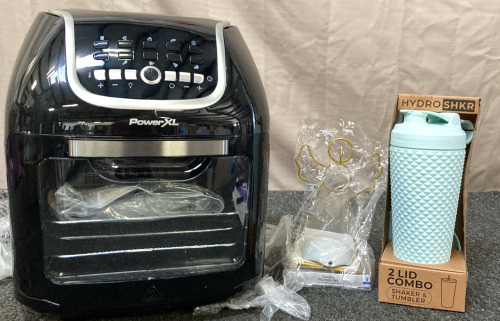 POWER XL AIR FRYER NEVER USED, 2 LID COMBO HYDRO SHAKAER/ TUMBLER, TEALIGHT WARMER SET.