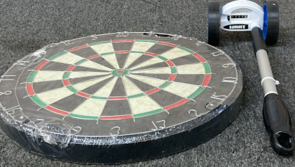 BRISTLE DART BOARD, HART 10000 FT MEASURING WHEEL.