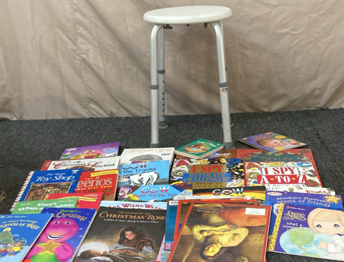 SHOWER STOOL, VARIETY OF KIDS CHEISTMAS BOOKS.