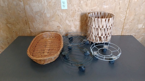 Wicker Baskets and Rolling Planter Stands