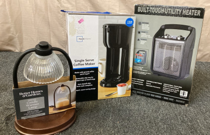 BUILT TOUGH UTILITY HEATER, MAINSTAYS SINGLE SERVE COFFEE MAKER. BETTER HOMES & GARDENS.