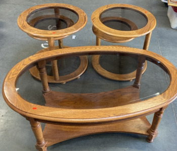 VINTAGE WOOD AND GLASS COFFE TABLE AND END TABLES SET.