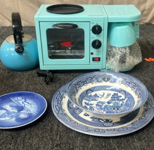 3-1 GRIDDLE, OVEN, COFFEE POT. TEA POT. CHRUCHILL BOWL AND PLATE SET, ROYAL COPENHAGEN DECORATIVE PLATE.