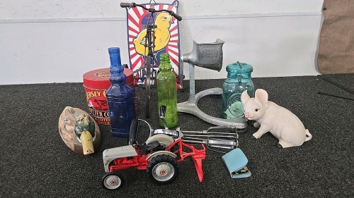 (1) Antique Leather Mini Shaving Kit (1) Metal Sign/Clock (1) Yard Decor Tricycle and More!