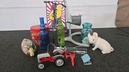 (1) Antique Leather Mini Shaving Kit (1) Metal Sign/Clock (1) Yard Decor Tricycle and More!