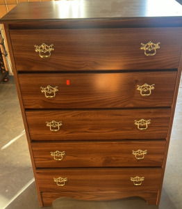 5 DRAWER PERDUE DRESSER (43” X 15” X 29.5”).