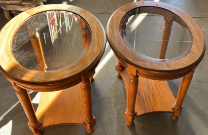 (2) VERY NICE WOOD AND GLASS END TABLES (23” X 26” X 22”).