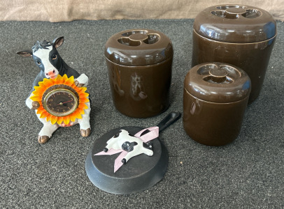 (3) Brown Containers & Cow Decor