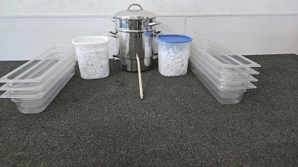 (1) Large Juicing Pan (2) Storage Containers of Tasting Spoons (6) Prep Tubs