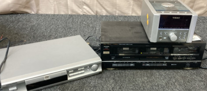 TEAC DV-C200 TABLE TOP DVD STEREO SYSTEM RECIEVER. FISHER STUDIO STANDARD DOUBLE CASSETTE DECK. KOSS DVD PLAYER.