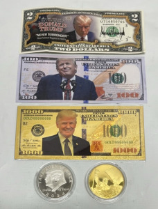 $1000 Gold Toned Bill, $100 Trump Bill, $2 Trump Bill, Gold Toned Trump Fist Coin, Silver Toned “Take America Back” Coin