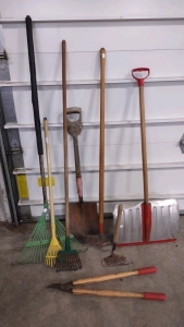 (3) Assorted Rakes, (1) Regular Shovel, (1) Metal Snow Shovel, (1) Short Handled Hoe, (1) Hedge Clippers & (1) Dirt Loosener