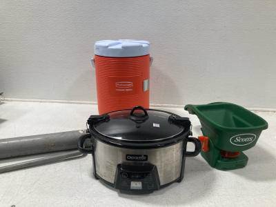 Crockpot, Rubbermade Water Cooler, Post Driver, Scotts Seed/Fertilizer Speader