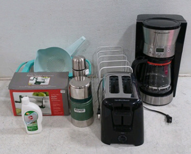 (1) Hamilton Beach Coffee Maker - 12 Cup (1) Hamilton Beach Toaster - 2 Slice (1) NIP Chrome Paper Towl Holder (2) Metal Thermos (1) Apple Peeler (4) Strainer - Various Size (1) Misc Racks, Coozies & Kitchen Stuff