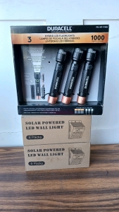 Duracell 1000lm Flashlight 3pack and (2) Solar Powered LED Wall Light 6pack (r8)