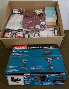 (1) Makita Cordless Combo Kit, XT291M & (1) Box Of Assorted Women's Clothing, Accessories & More