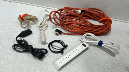 (1) Box of electrical chords, power strips, and other electric plugins