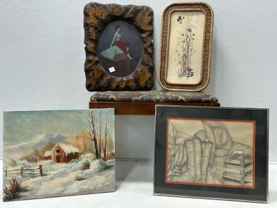 (1) Piano bench (4) Assorted wall art