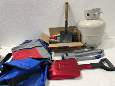 Propane tank, Orbit Sprinkler Head, Shovel, MAF Duffel bag, Penn Fishing Tackle Bag