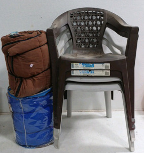 (2) Sleeping Bag (4) Patio Chair - 2 Brown - 2 White