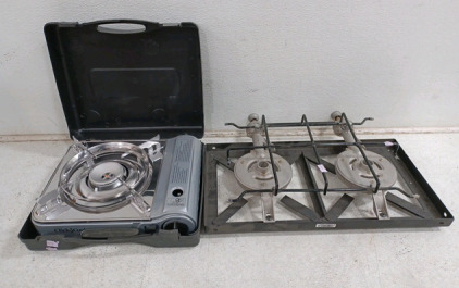 (1) 2-Burner Camp Stove (1) Like New Click-2-Cook Single Burner Stainless Camp Stove