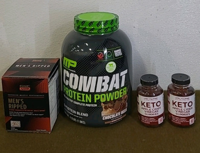 (1) 4.2-Pound Container Of MP Combat Protein Powder, Chocolate Milk, (1) 30-Pack Box Of GMC AMP Mens Ripped Vitamin Supplements & (2) 60-Count Bottles Of KETO Apple Cider Vinegar Gummies