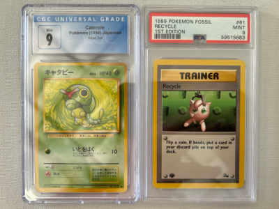 CGC Graded Caterpie Pokémon (1996) Japanese Base Set Card and 1999 Pokémon Fossil 1st Edition Card