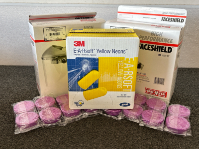 (2) High Performance Faceshields, Box of E-A-Rsoft Yellow Neon Earplugs, and (8) Packaged Honeywell Filters