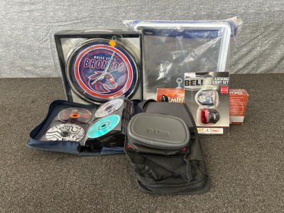 Broncos Clock, Bell Locking Light Set, Case With CDs, And More