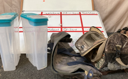 (2) WHITE BOARDS, (2) CEREAL CONTAINERS, IGLOO LUNCH BAG, SMALL CAMO BAG.