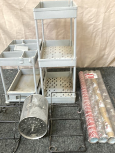 SMALL PLASTIC SHELVES (22&rdquo; X 15&rdquo; X 8.25&rdquo;). WALL MOUNTED TOWL RACKS, SPINNING BASKET, WRAPPING PAPER.