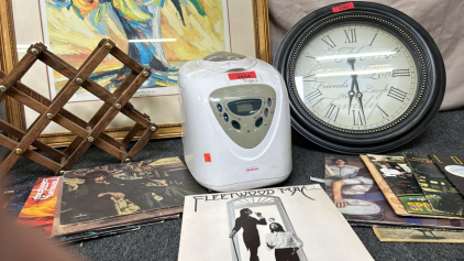 Wall Decor, Bread Maker Wine Bottle Holder, & Records