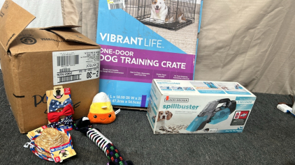 One Door Dog Training Crate, SpillBuster Cordless Spill + Spot Cleaner, & Box of Dog Toys